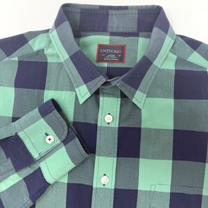 UNTUCKit Mens Large Green Navy Blue Buffalo Check Cotton Button Down Shirt